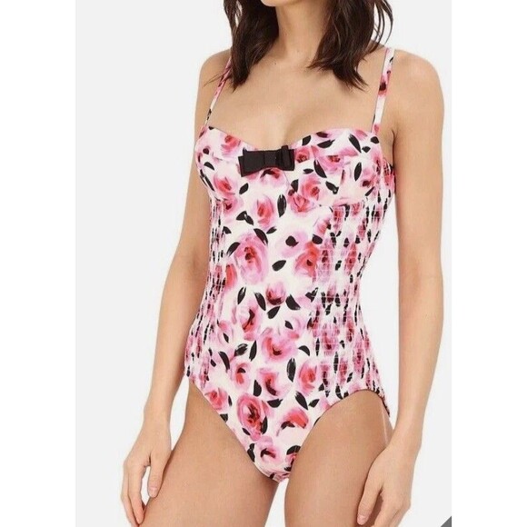 kate spade Other - Kate Spade Pink Floral One Piece Swimsuit Bay of Roses Size XS Smocked Stretch